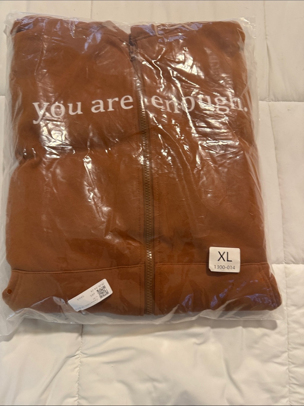 Rust Brown Full-Zip Hoodie Jacket with "you are enough" Print - XL